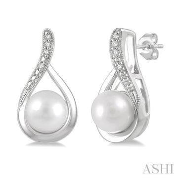 6x6 MM Drop Shape Cultured Pearls and 1/50 Ctw Round Cut Diamond Earring in Sterling Silver